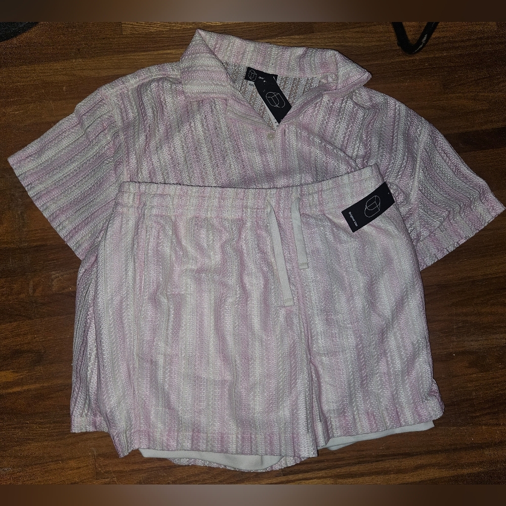 NWT Set Of Pink & White Crochet Resort Button-up Top(XXL) & Shorts(L)